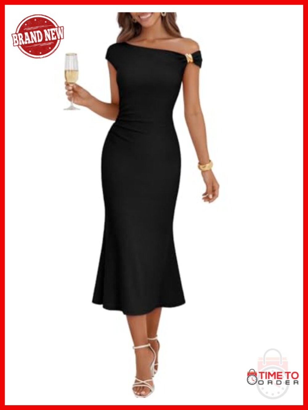One Shoulder Midi Cocktail Dress Gold-Tone Embellishment Sleeveless